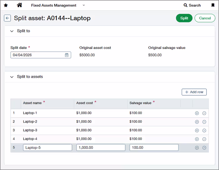Split a fixed asset in Sage Intacct 2026 release 2