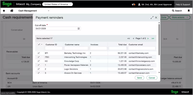 Cash requirements payment reminders in Sage Intacct 2026 R2