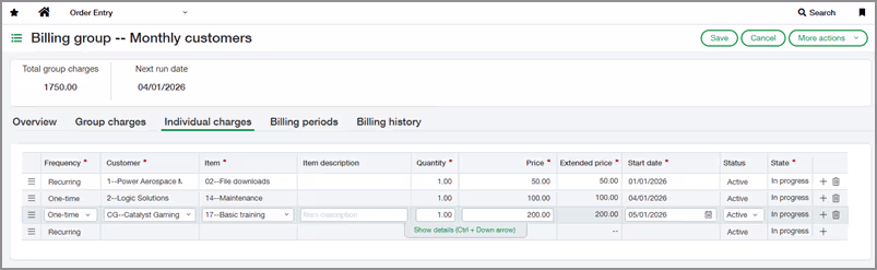 Individual charges for billing groups in Sage Intacct