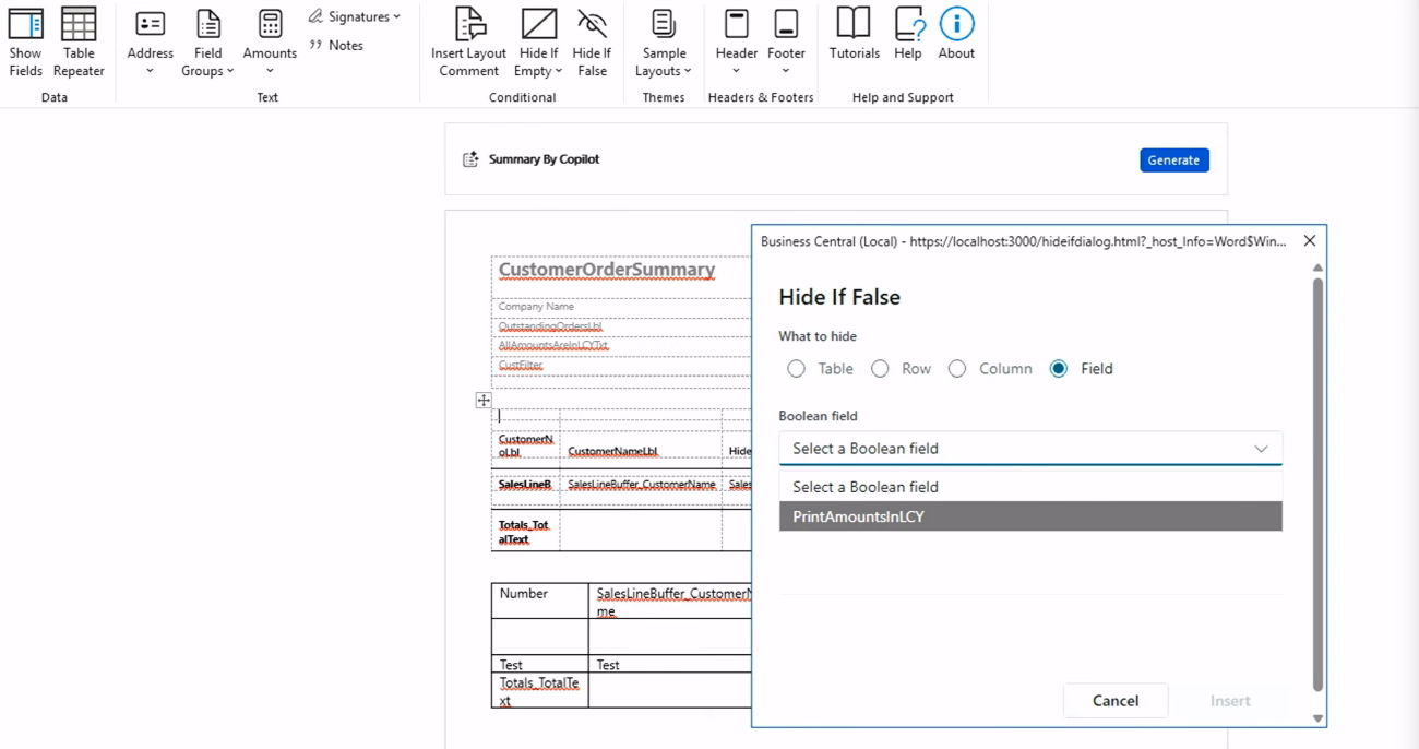 Use Boolean fields in Word add-in for Business Central